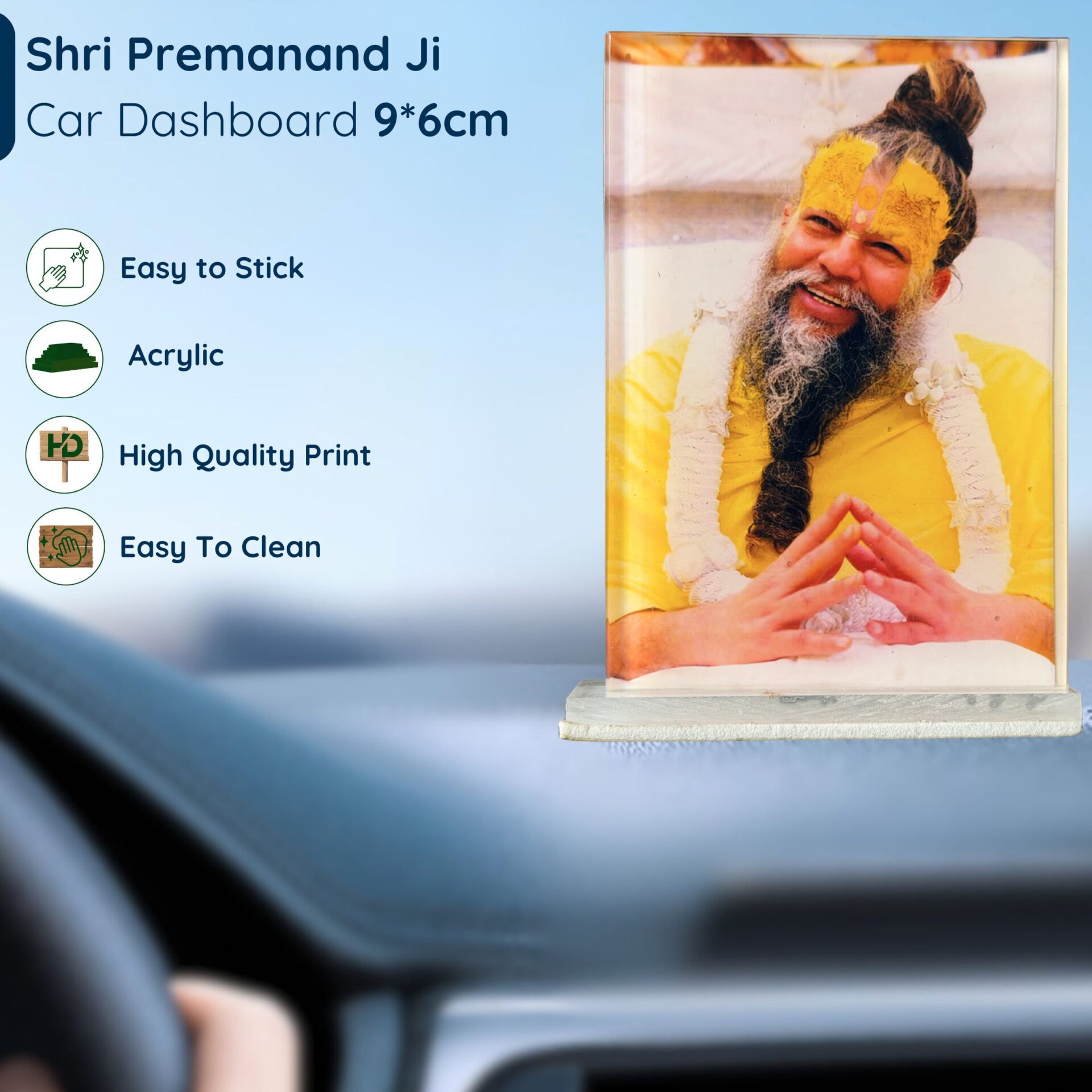 Shri Premanand Ji Acrylic Car Dashboard Photo Stand – 9×6 cm