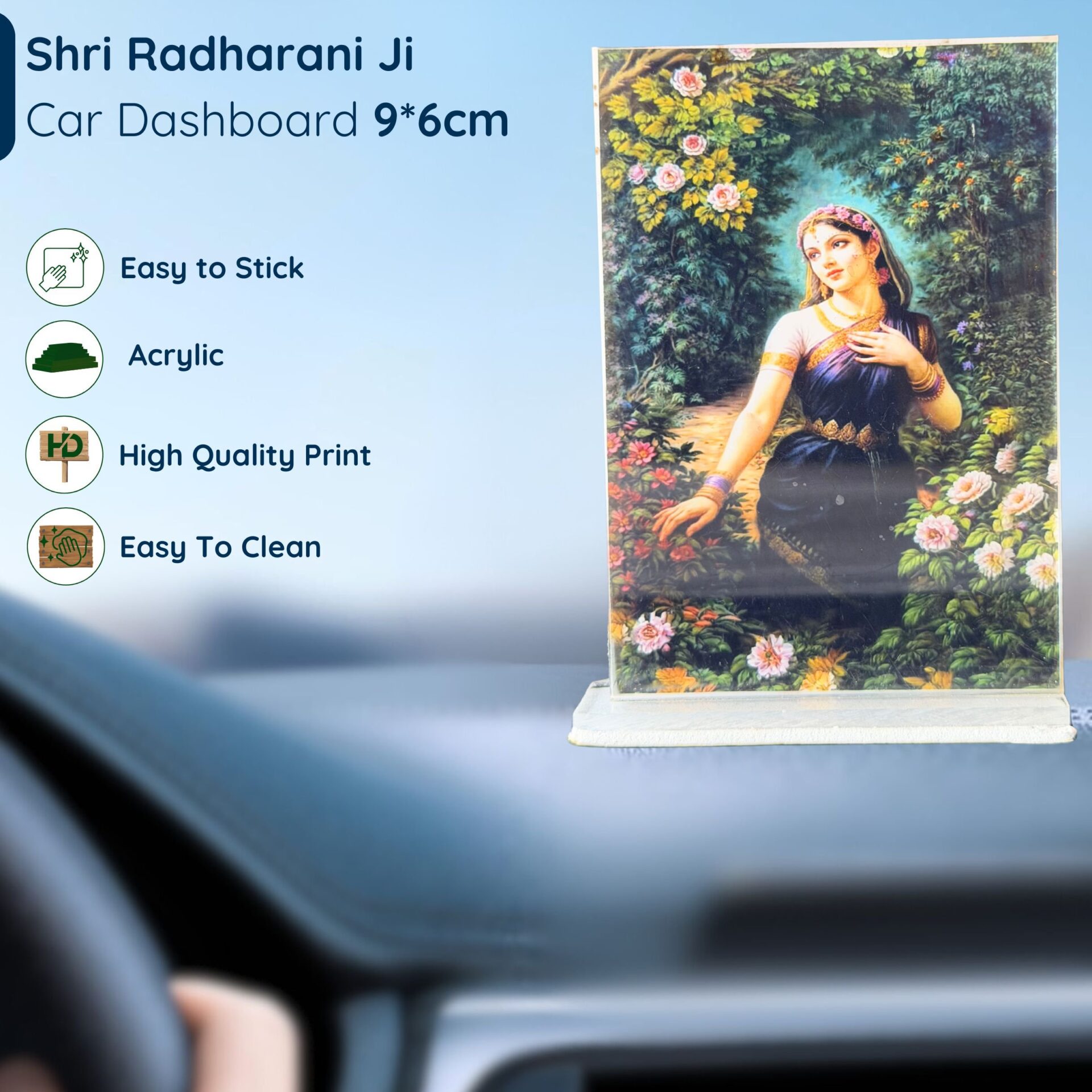 Shri Radharani Ji Acrylic Car Dashboard Photo Stand – 9×6 cm