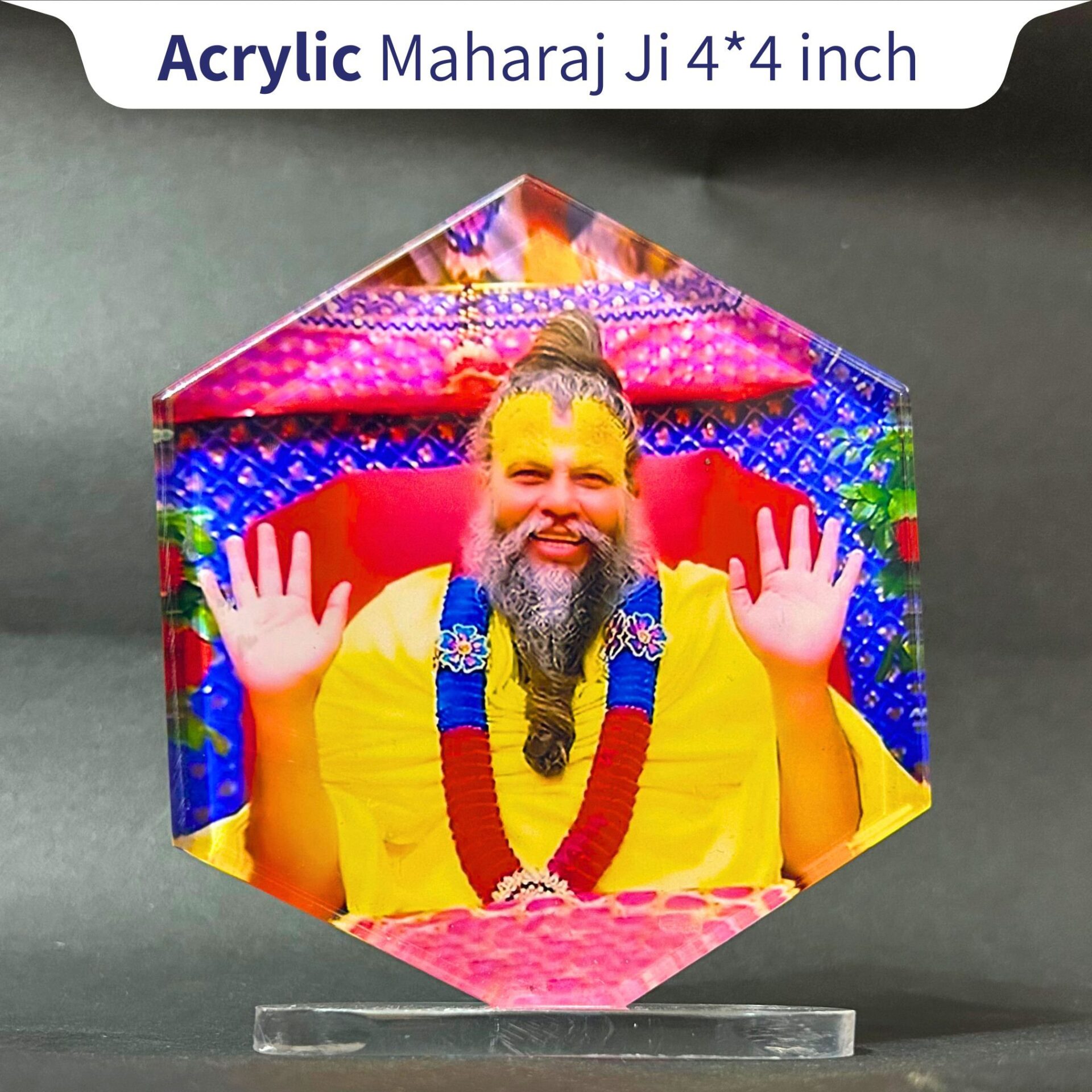 Shri Premanand Ji Hexagon Acrylic Standy – 4x4 Inch Car Dashboard & Temple Decor
