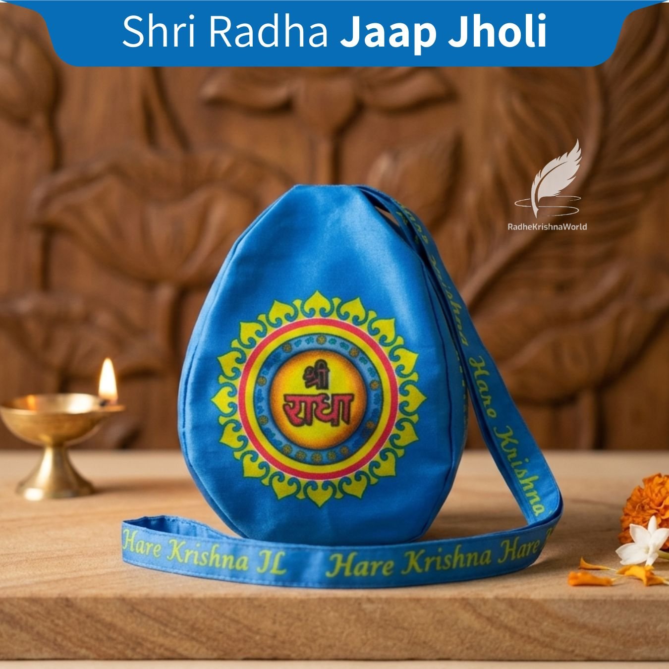 Premium Synthetic Shri Radha Printed Blue with Chain & Hare Krishna Mahamantra (One Side)