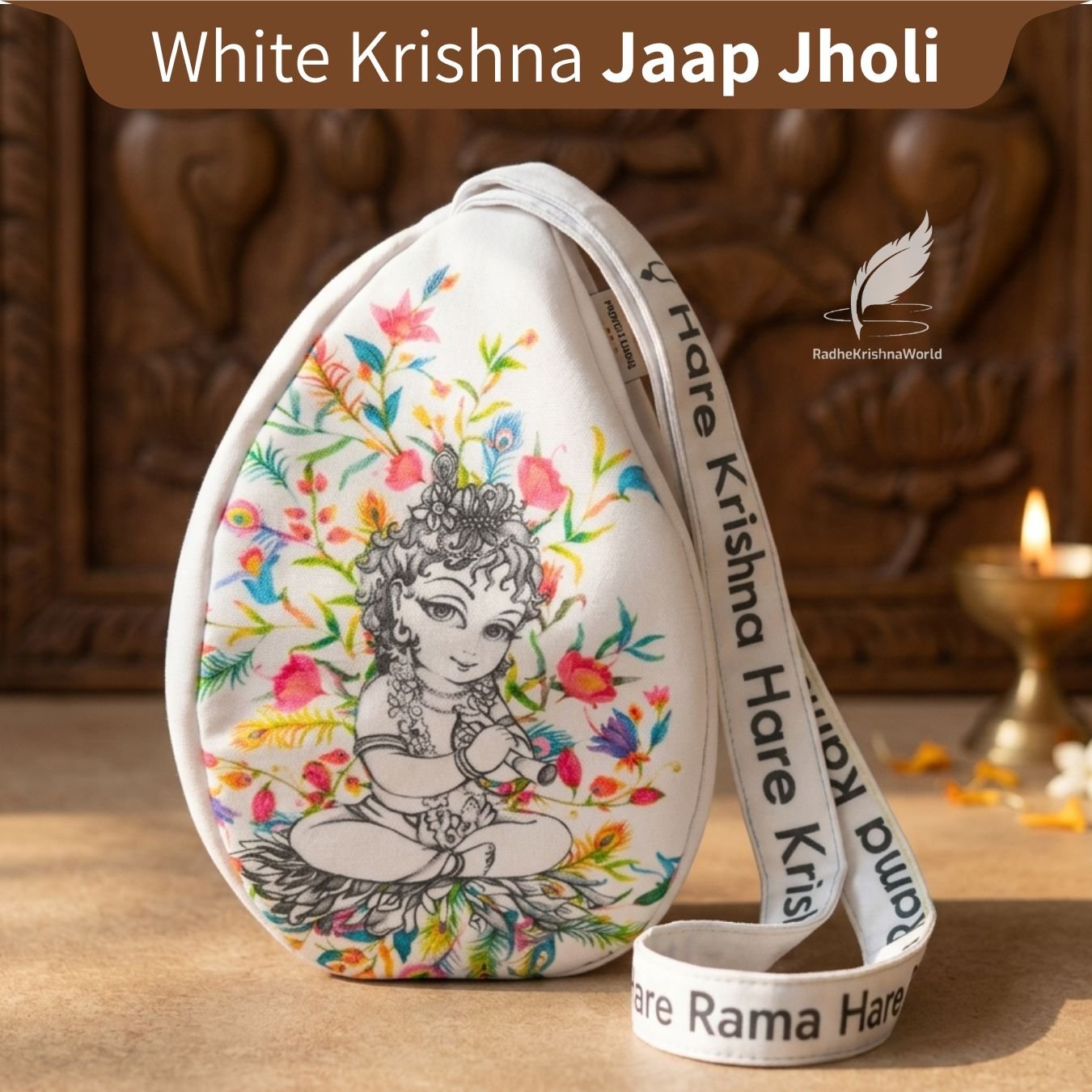 Synthetic Printed White Bead Bag Jaap Jholi with Chain for Naam Jaap