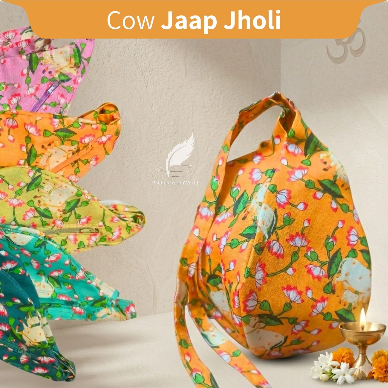 Pure Cotton Cow Printed Multicolor Bead Bag Jaap Jholi with Chain for Naam Jap