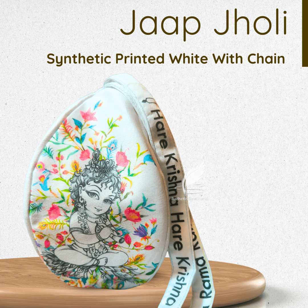 Synthetic Printed White Bead Bag Jaap Jholi with Chain for Naam Jaap