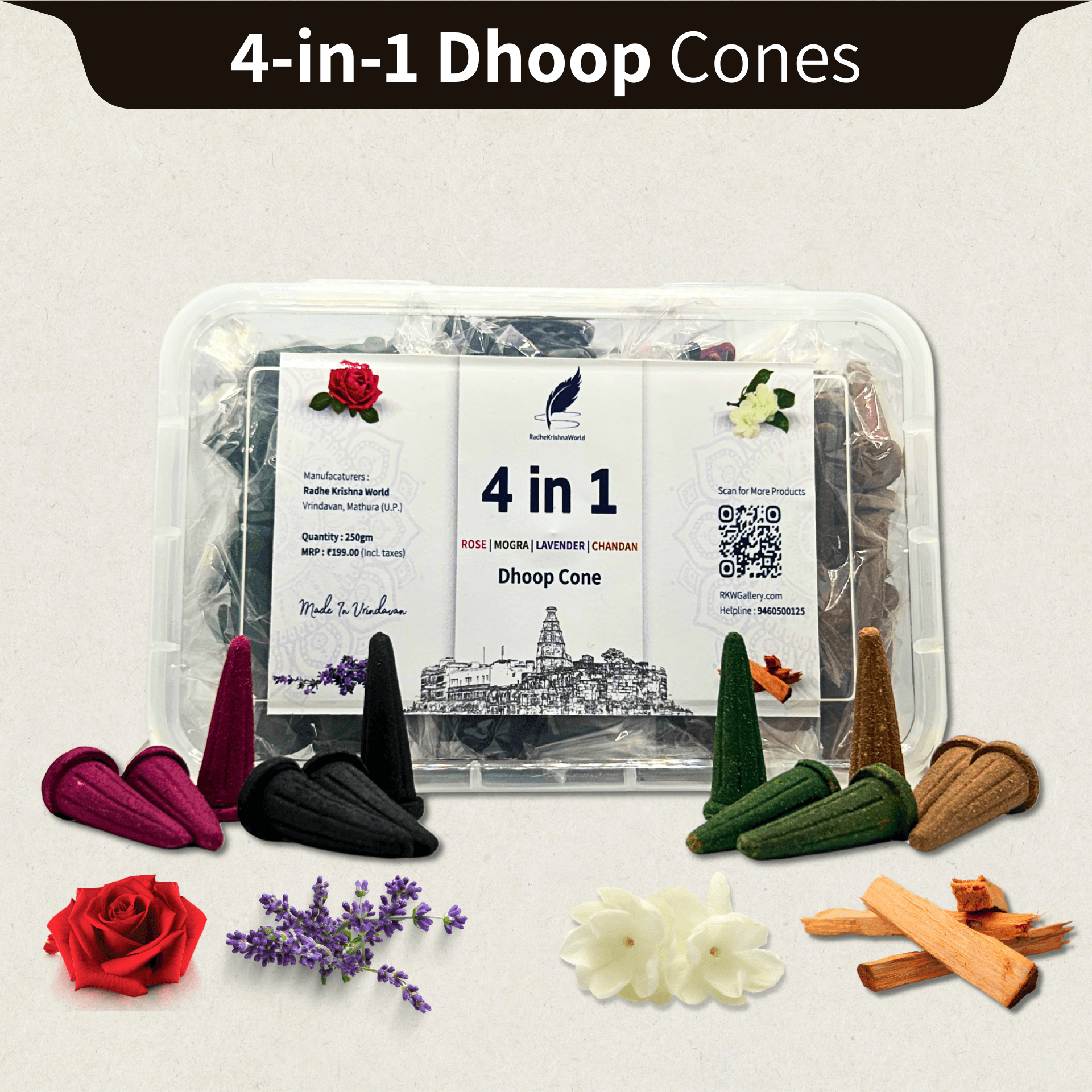 4 in 1 Dhoop Cones – Rose, Mogra, Lavender & Chandan | 250gm Natural Fragrance