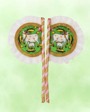 Hand Made Fan Pair for Thakur Ji Sewa (7x3 Inch) | Sacred Cow Print on Green Background with White Cloth Border | Premium Deity Summer Pankha