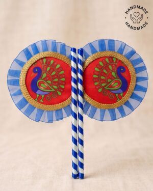 Hand Made Fan Pair for Thakur Ji Sewa (7x3 Inch) | Sacred Peacock Print on Red Background with Blue Cloth Border | Premium Deity Summer Pankha