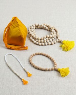Premium Quality Spiritual Japa Combo | Yellow Cotton Rayon Jholi, 108 Beads Tulsi Jaap Mala, Tulsi Sumarni & Sakshi Mala | Complete Devotional Sadhana Kit